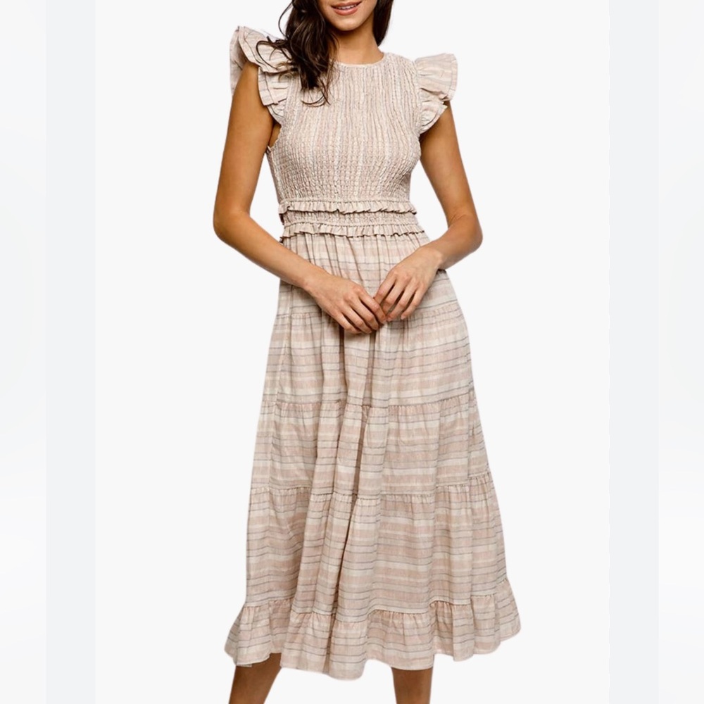Storia Beige Striped Smocked Ruffle Sleeve Midi Dress Size‎ Medium Cottagecore